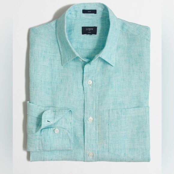 J. Crew Other - J.Crew Men’s 100% Linen Button-Up Shirt Slim Fit Sz S Aqua Blue Beach Coastal